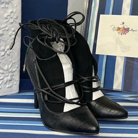 New black open croc animal print lace up high heel pointed pump boots - Picture 6 of 16